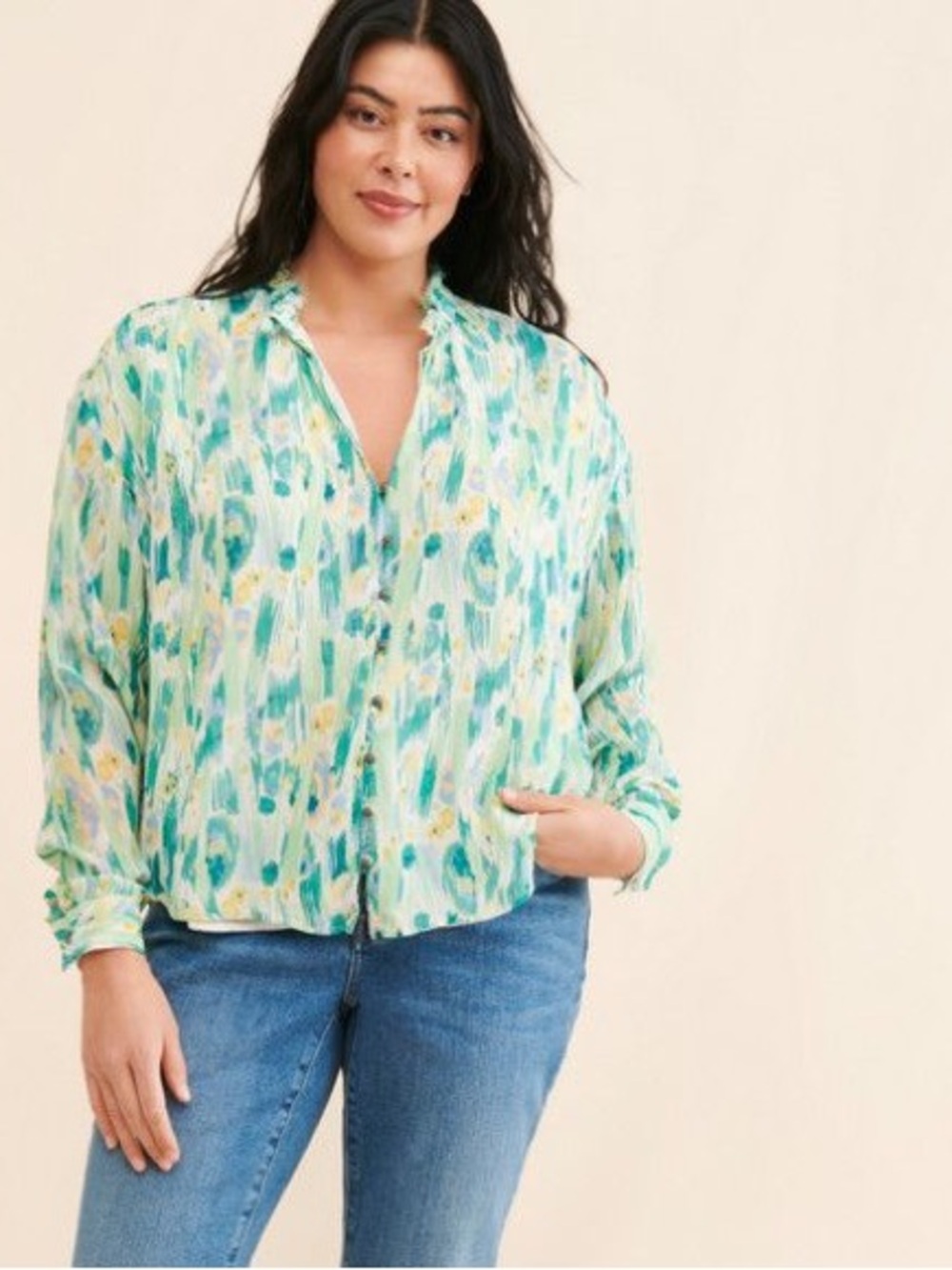 Pilcro Anthropologie Teal Abstract Print Button Front Blouse Size L